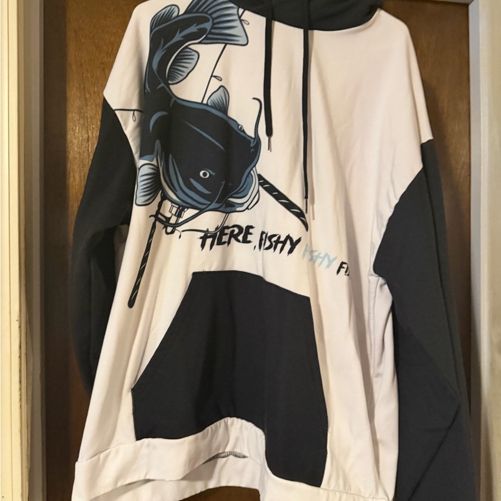 Graphic Hoodie with Fish Design - Black and White